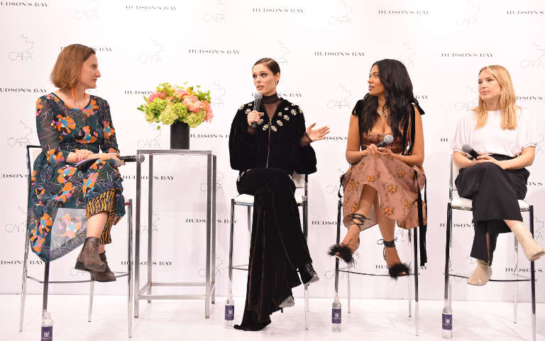 Four woman speaking on panel at Hudson's Bay event
